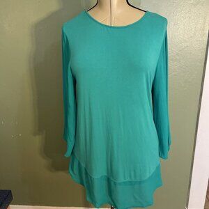 Chico’s 1 (M) Tunic Dress Top Green Sheer Trim & Sleeves 3/4 Sleeve Tie Keyhole